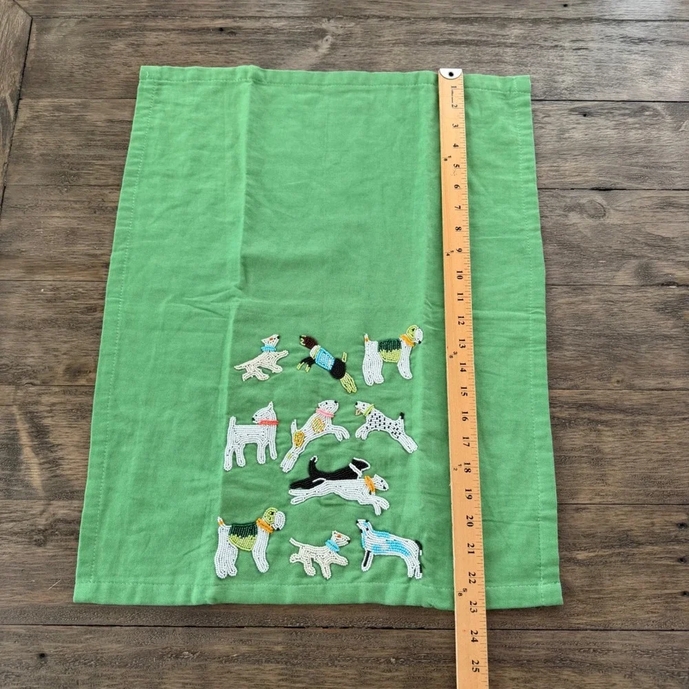 Saint Austin Green Beaded Dog Tea Towel Hand Embroidered Kitchen Decor 18x24‎
